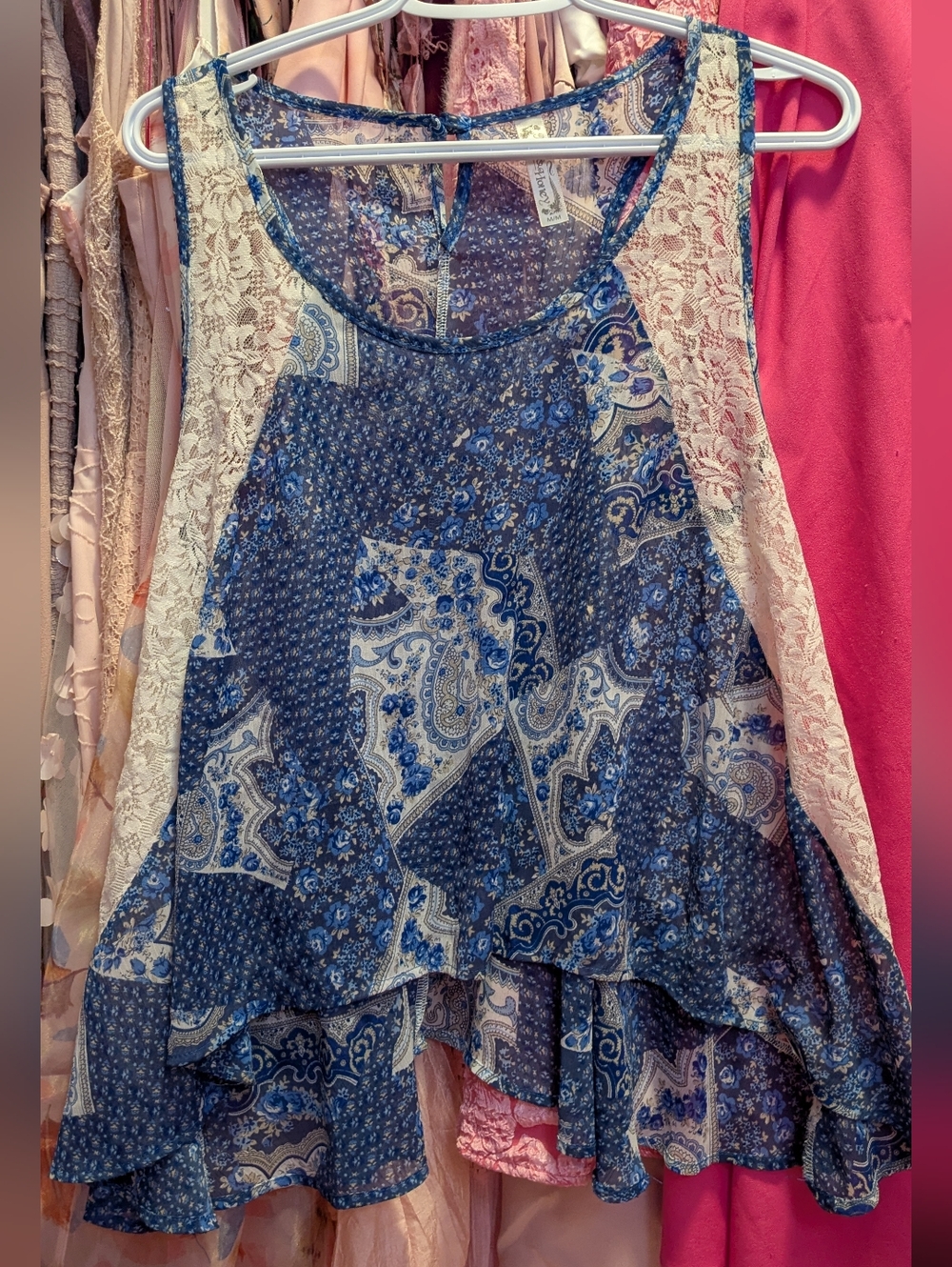 Blue Floral And Paisley Lace-Trim Swing Tank Medium